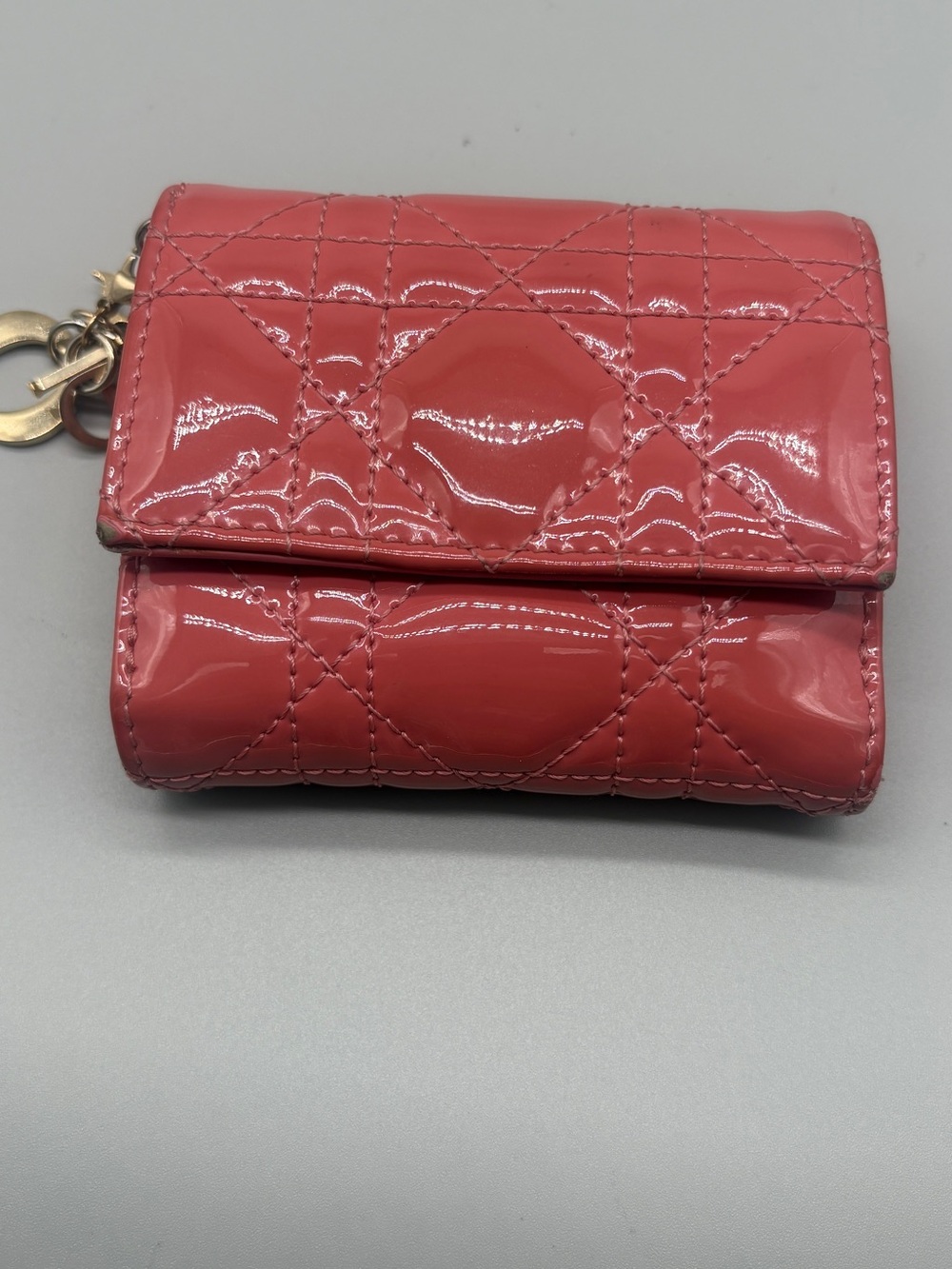 Christian Dior Pink Patent Cannage Quilted Compact Wallet with Dior Charm